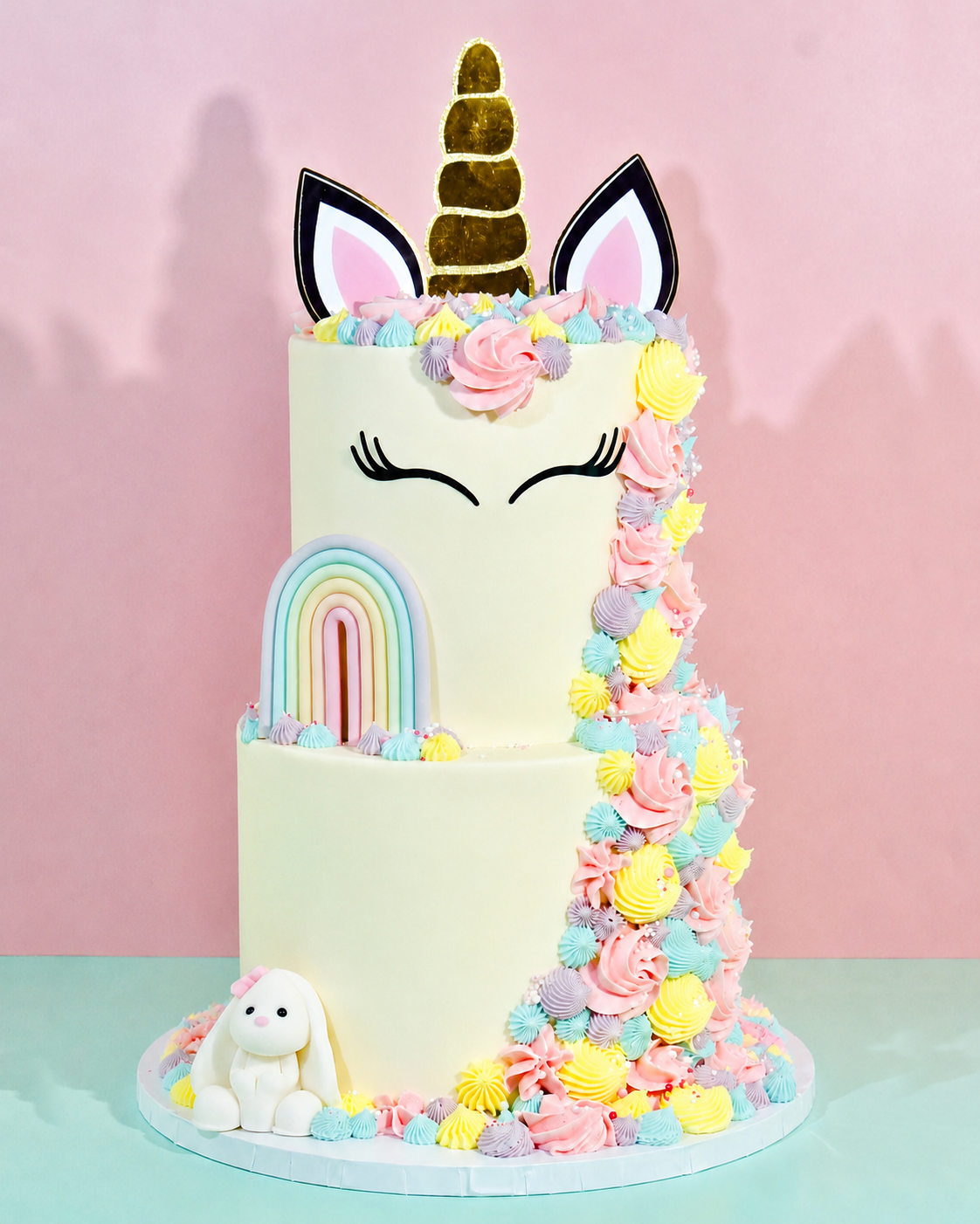 A two-tiered unicorn-themed cake decorated with pastel pink, yellow, and blue frosting rosettes, a rainbow motif, a white bunny topper, and a gold horn, set against a pink background.