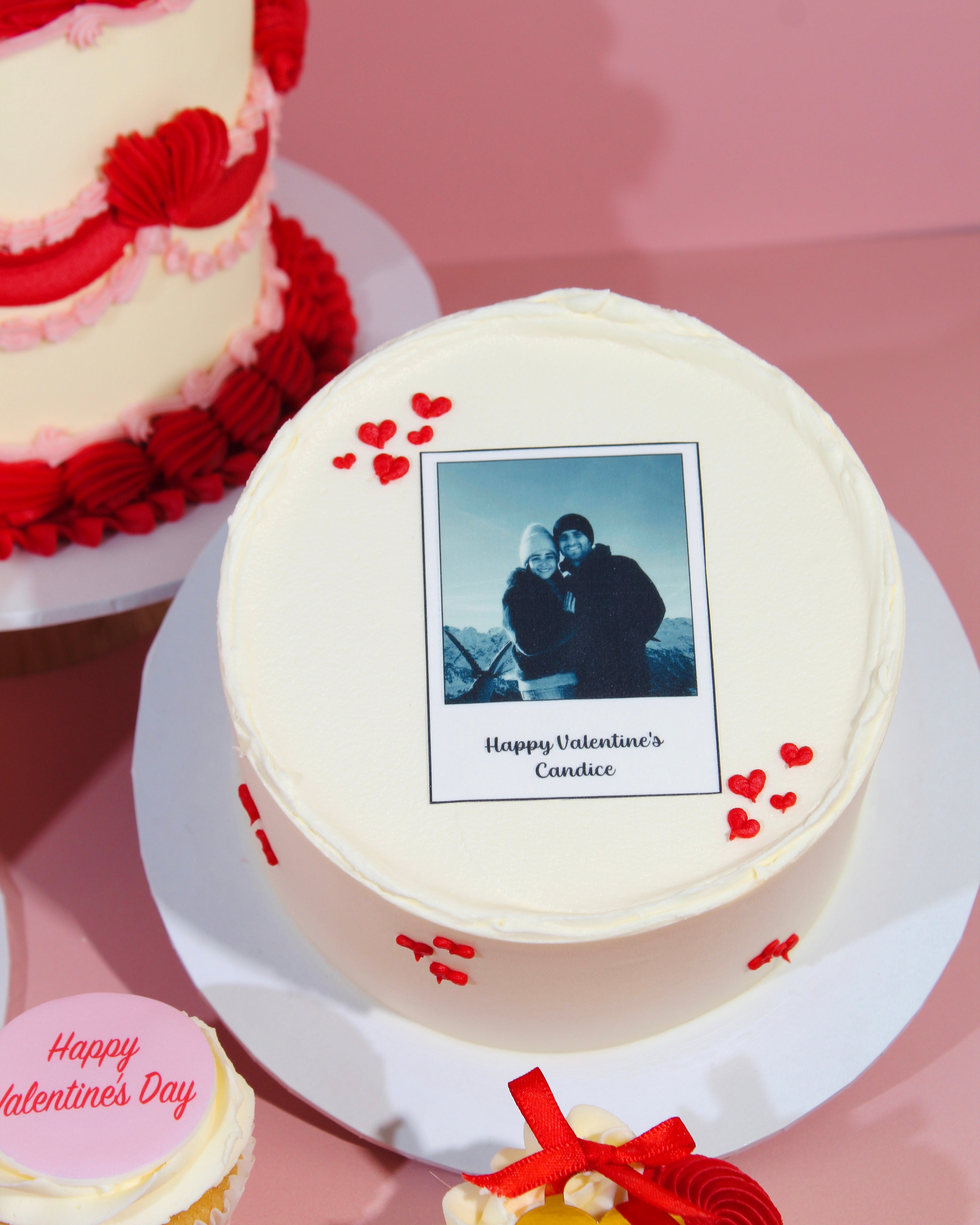 Valentine’s Polaroid Cake with personalised photo topper and red heart details