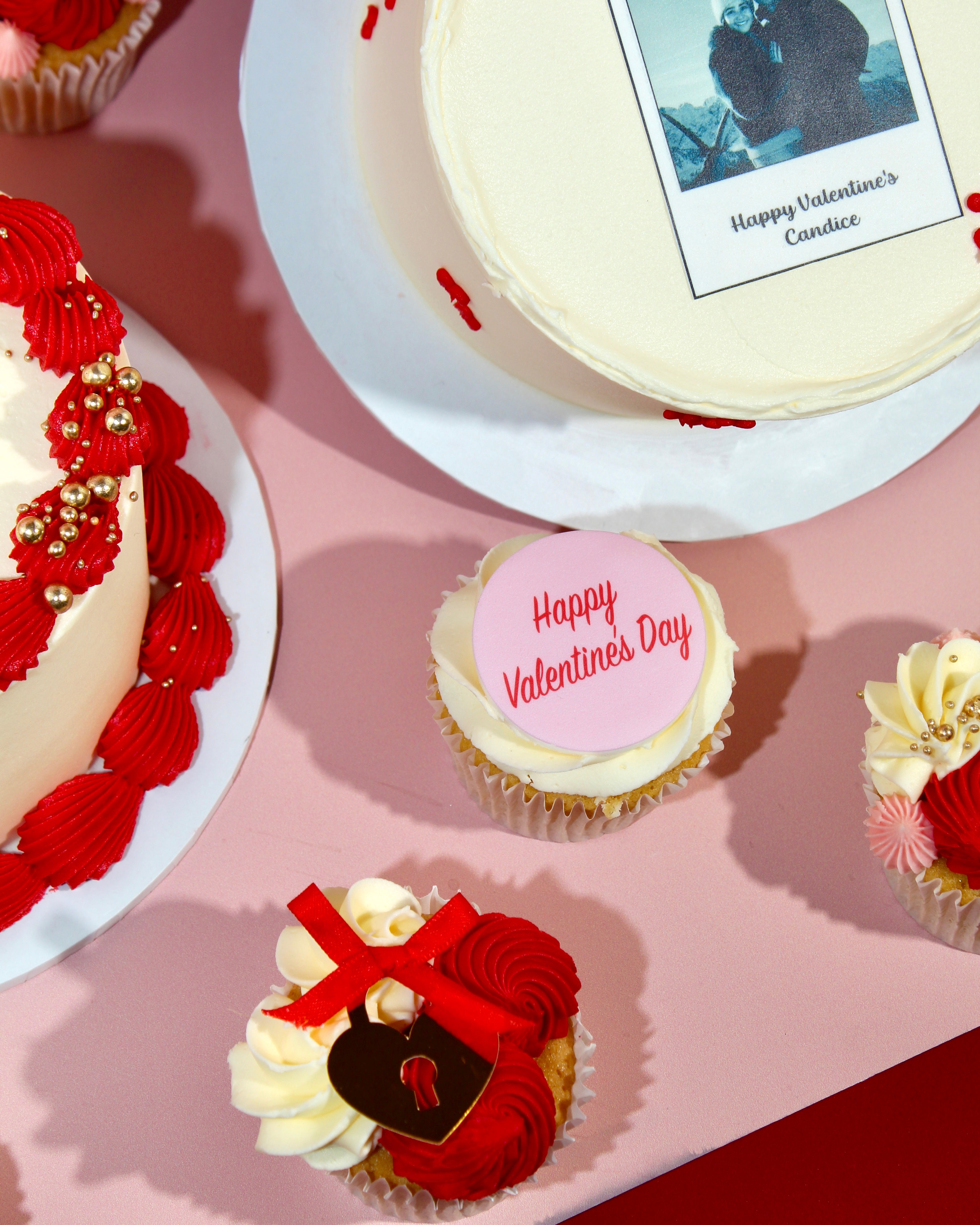 Valentine’s cupcake box styled with romantic heart-themed decorations