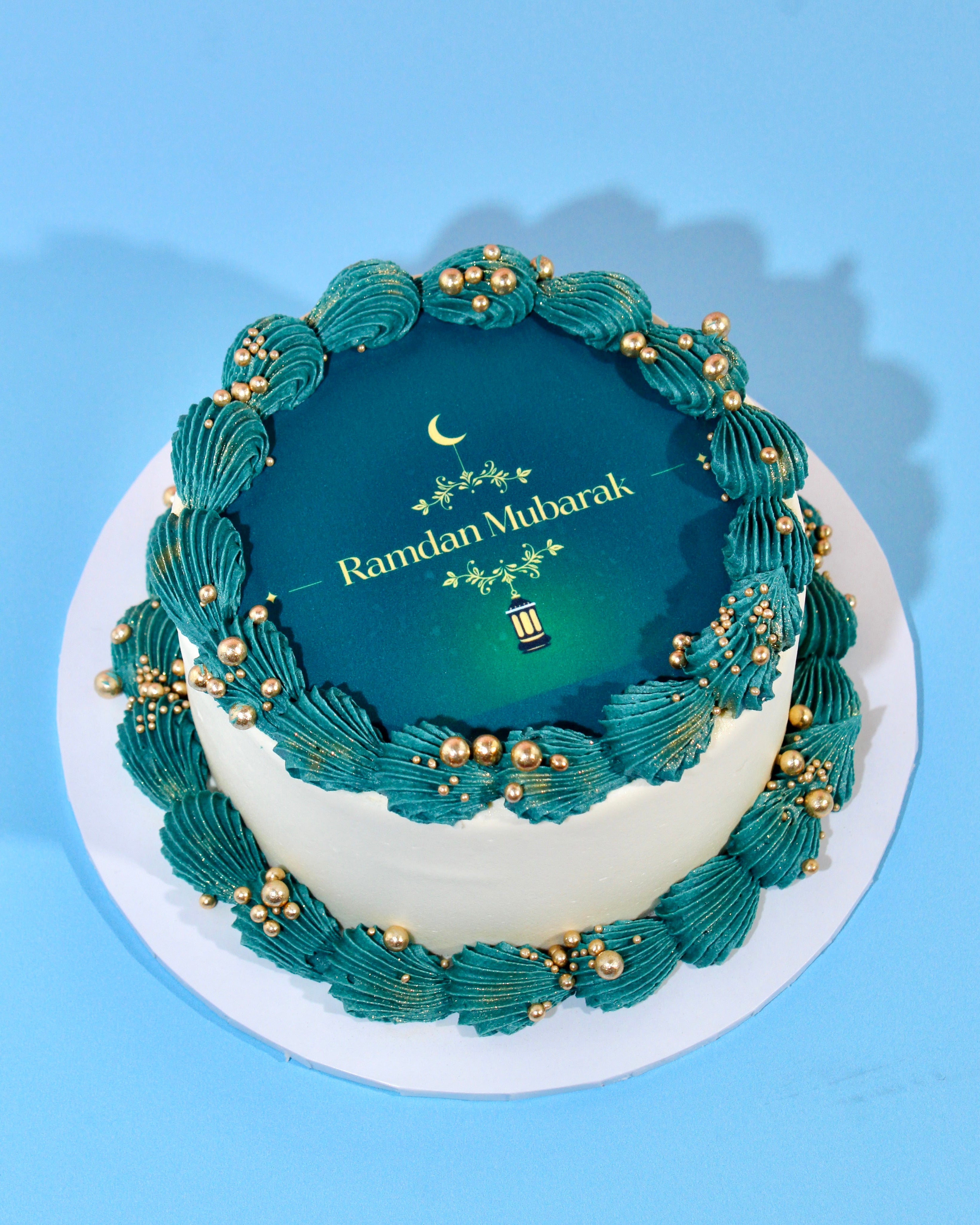 Luxury Ramadan celebration cake with edible Ramadan Mubarak topper