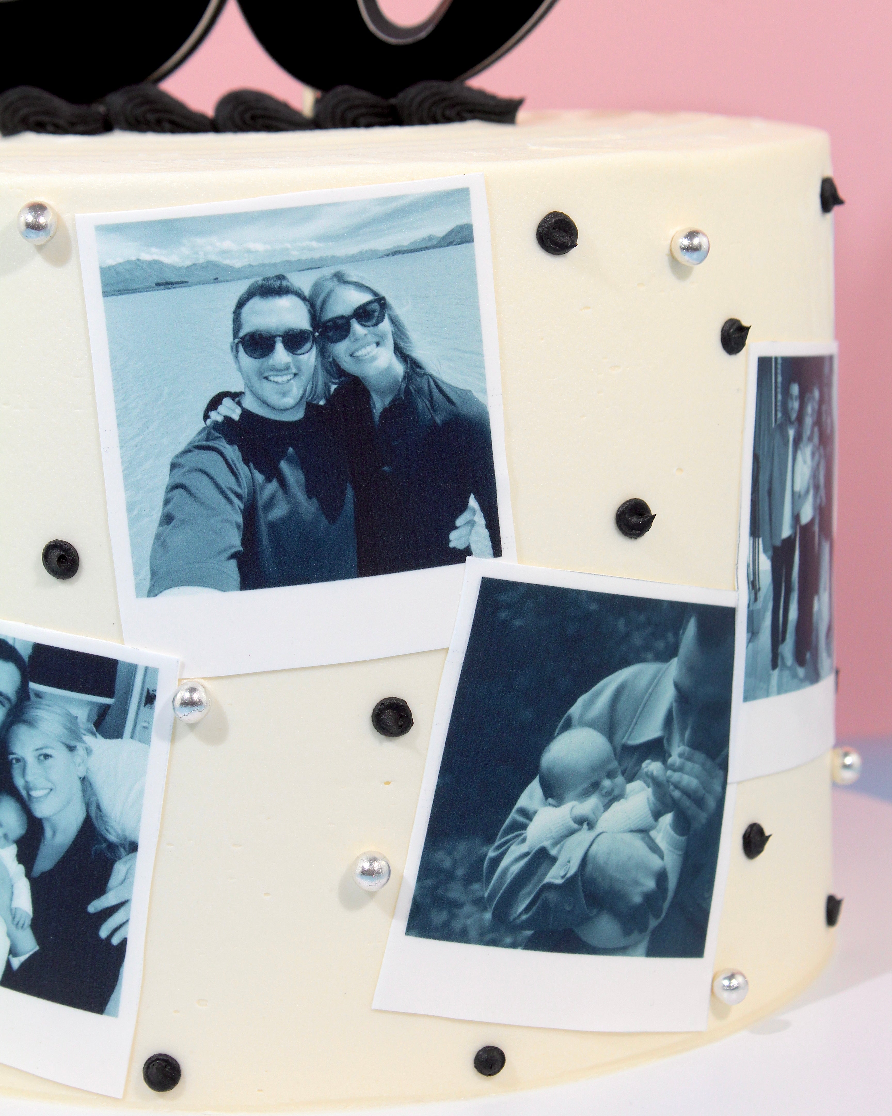 Personalised polaroid photo cake with iced message on board for a milestone birthday