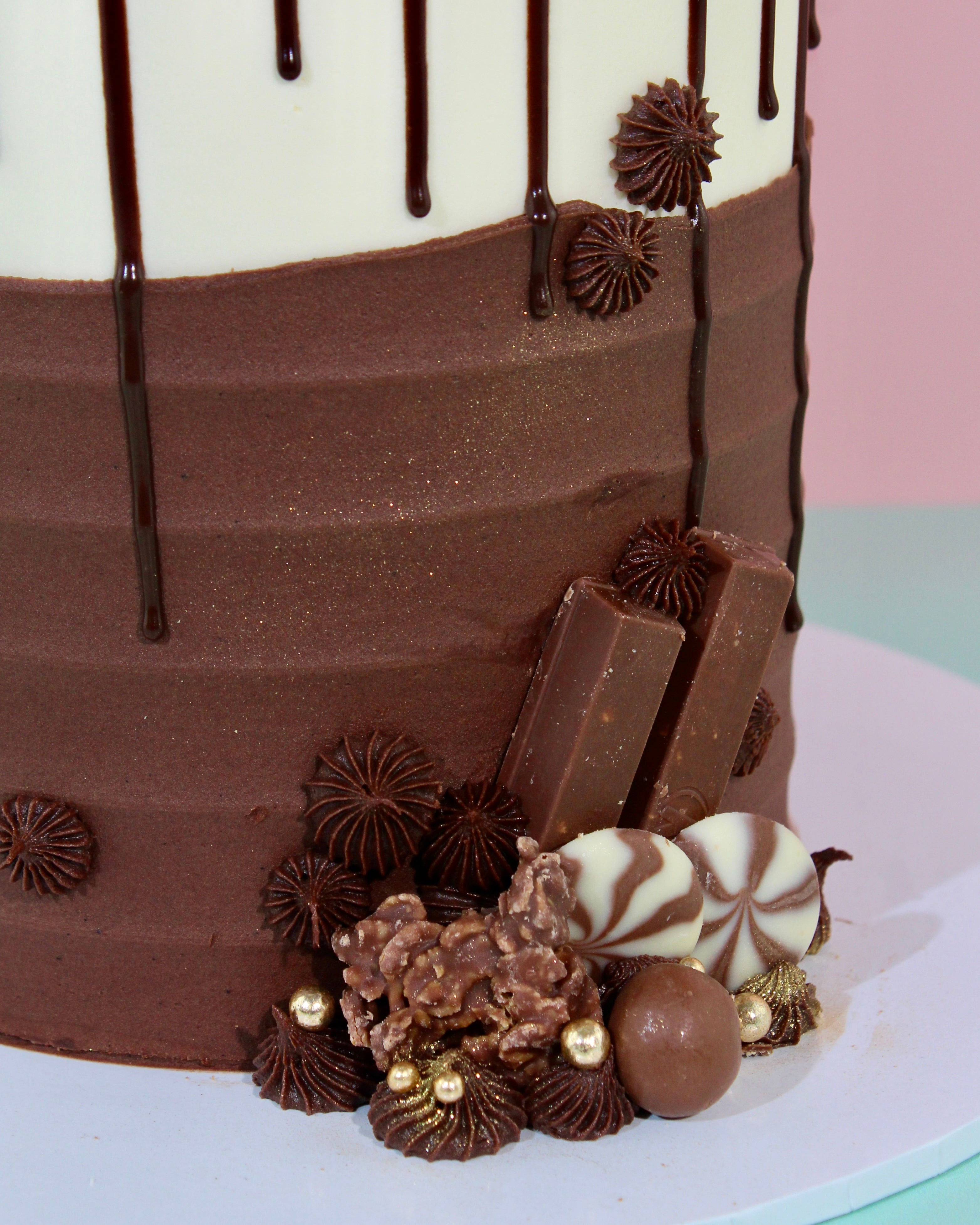 Close-up of a chocolate cake with decorative elements on a light background