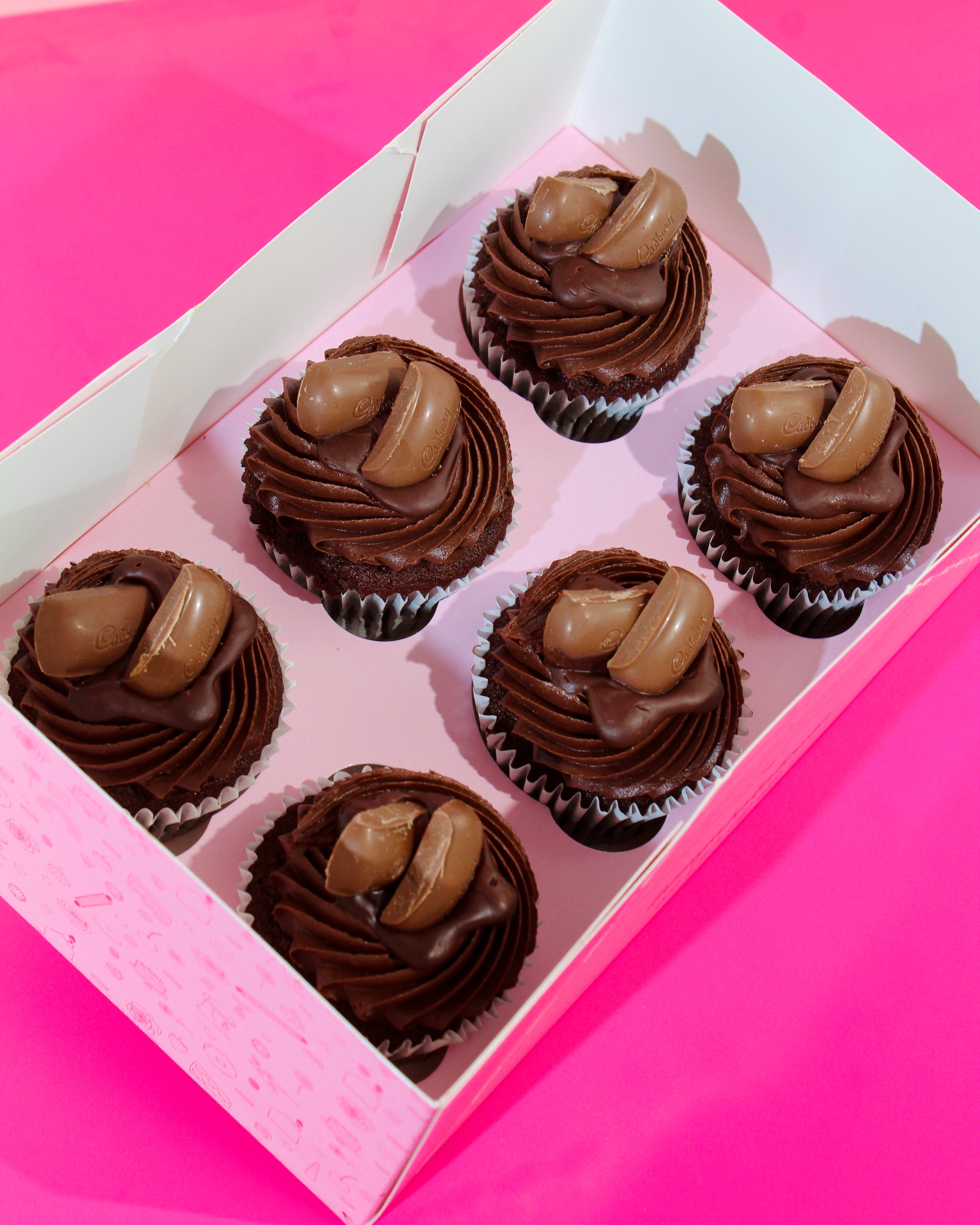 Chocolate cupcakes with smooth chocolate ganache and chocolate bar pieces