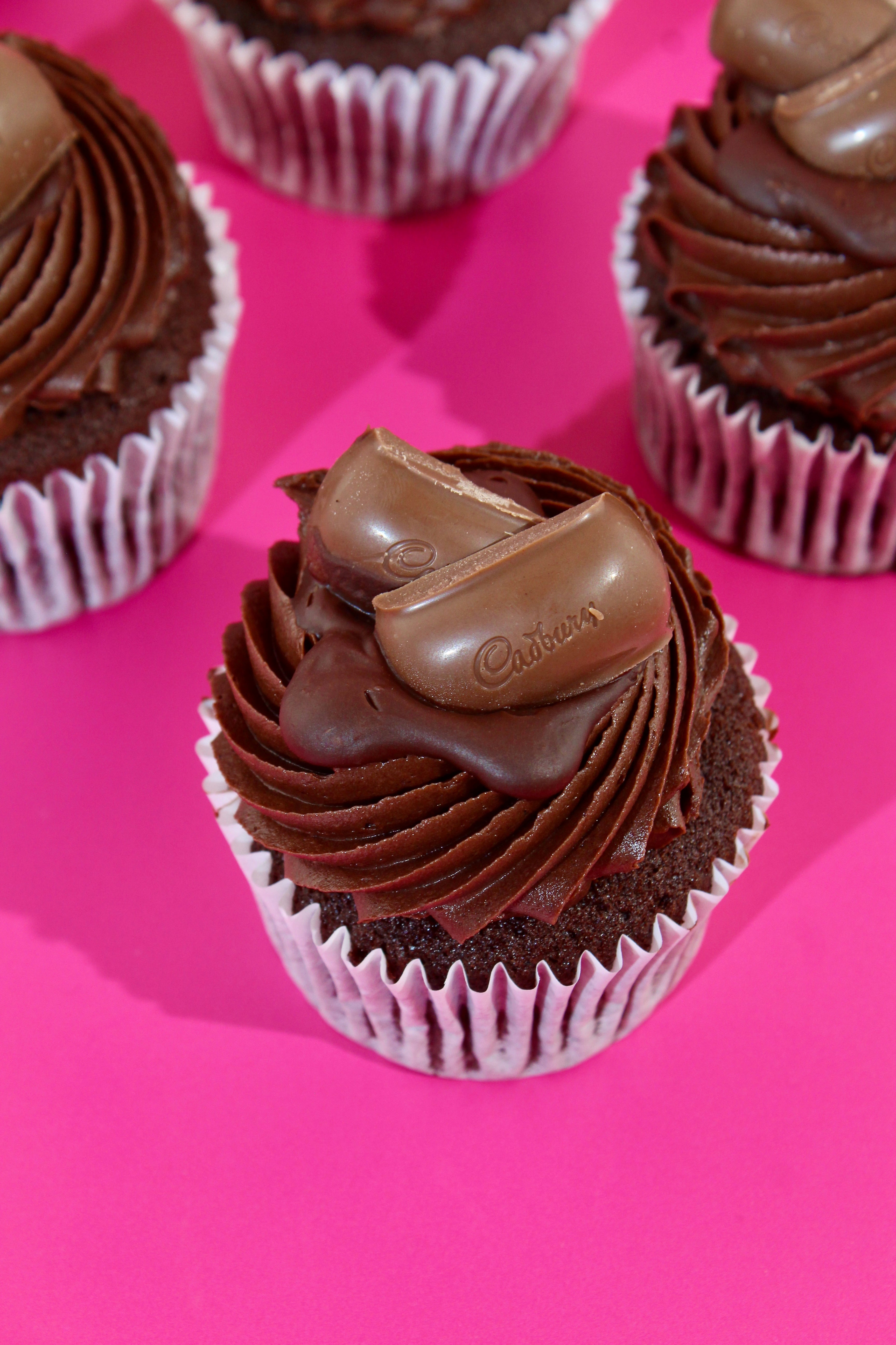 Chocolate cupcakes with rich frosting and chocolate chunks on top