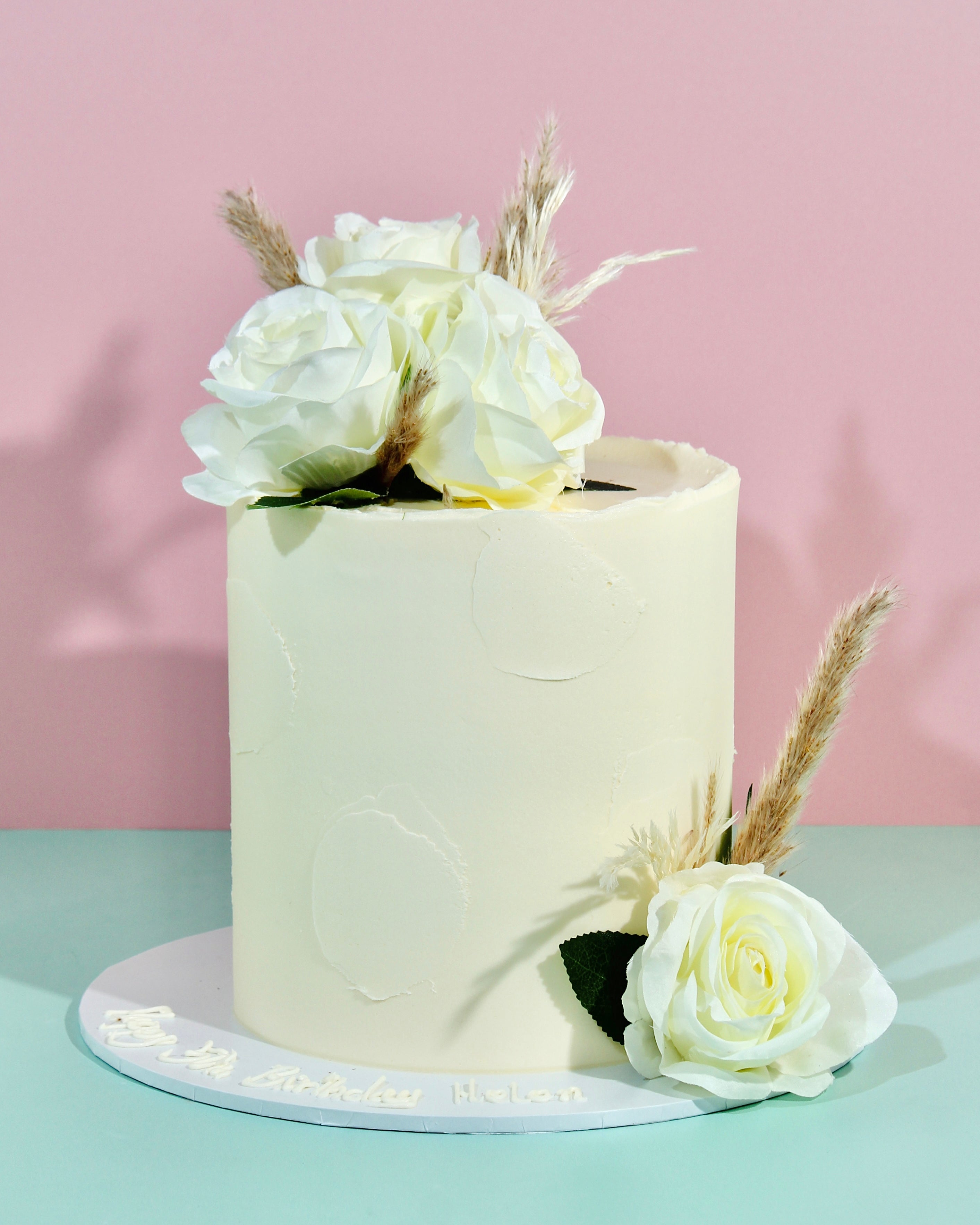 Boho floral celebration cake with white roses and pampas grass, ivory buttercream, Amy's Bakehouse