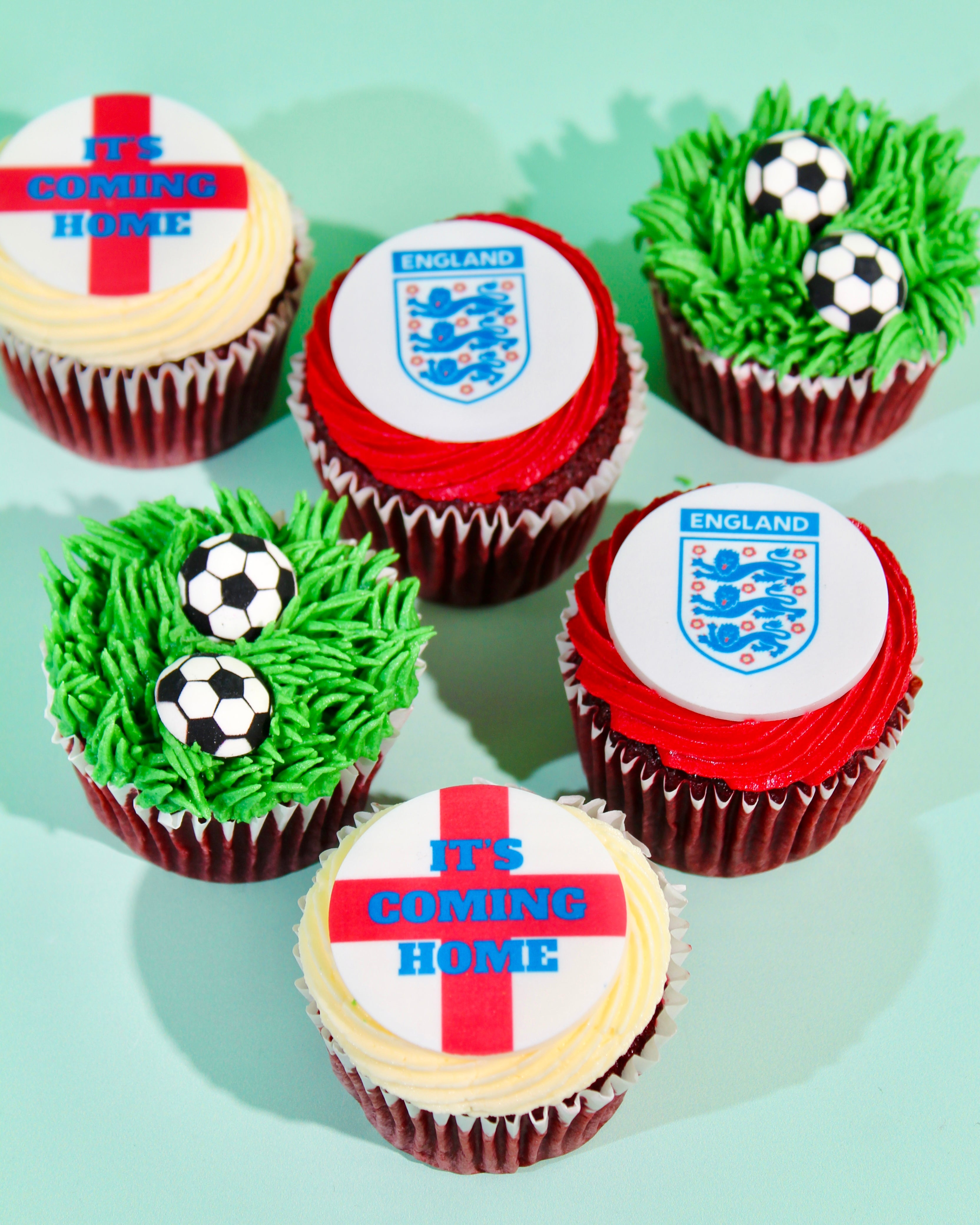 England football cupcakes with It's Coming Home and Three Lions toppers for a World Cup watch party
