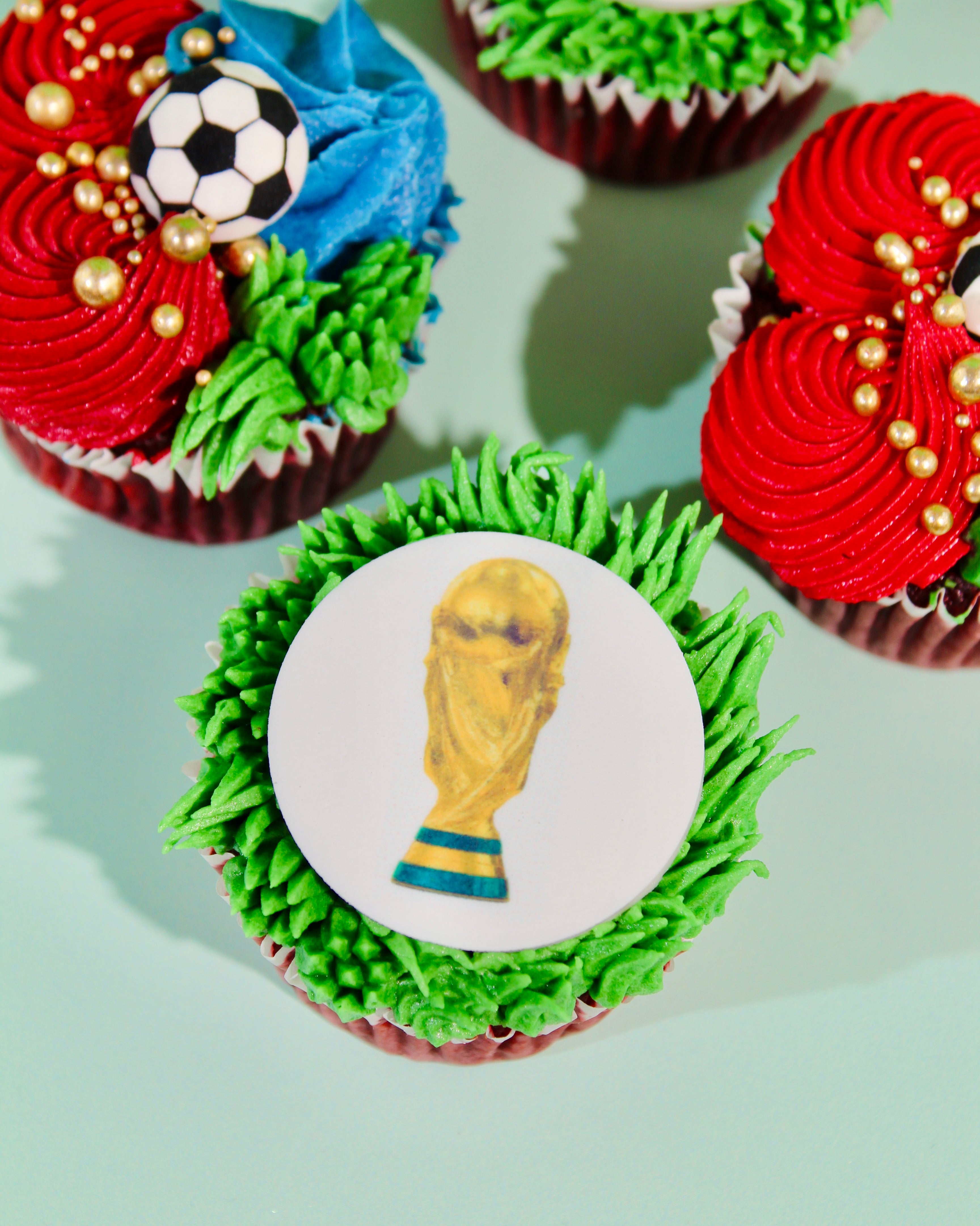 Close-up of World Cup cupcake with United 2026 tournament logo on green grass buttercream
