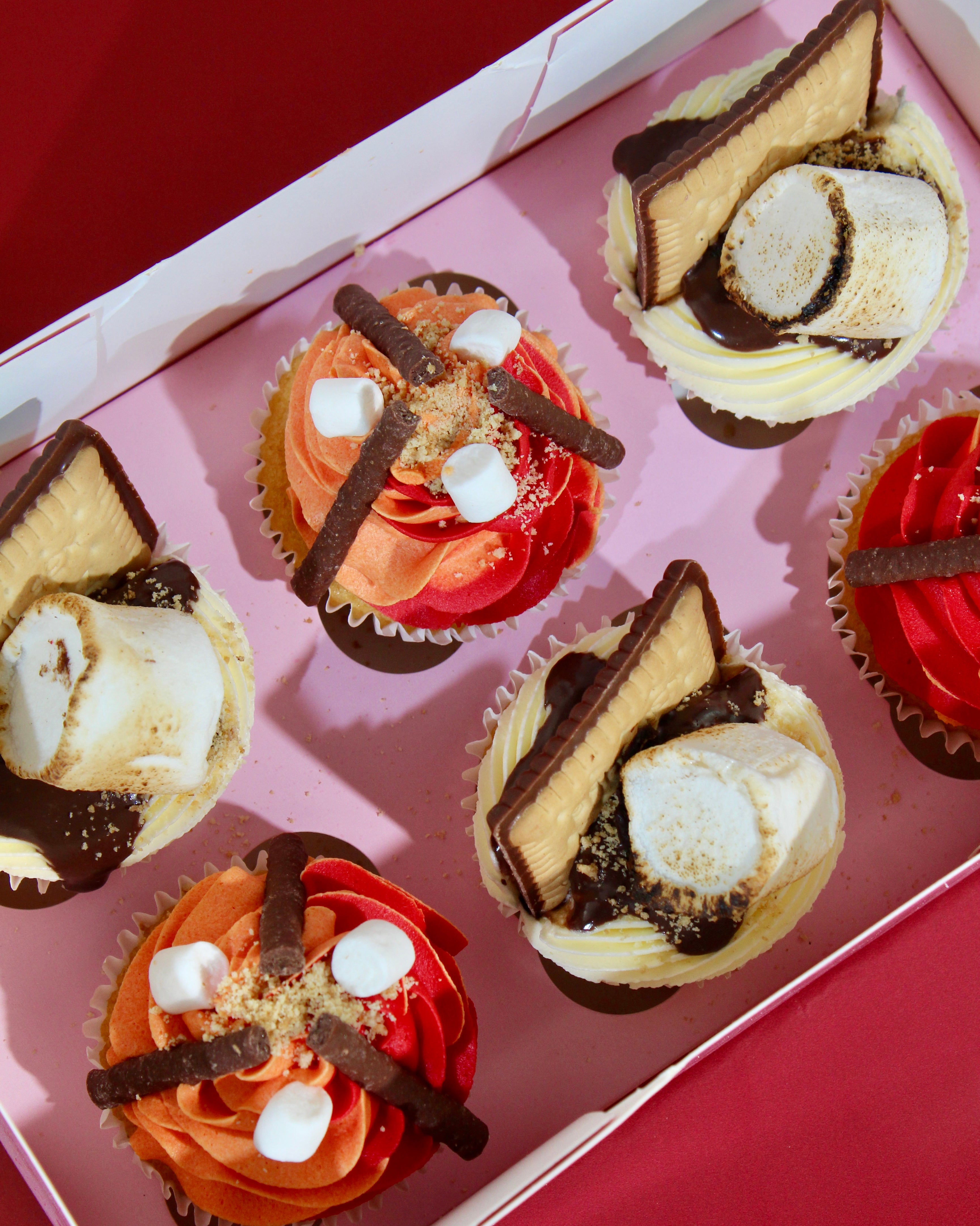 Six s'mores and firework themed Bonfire Night cupcakes displayed together for a fireworks party