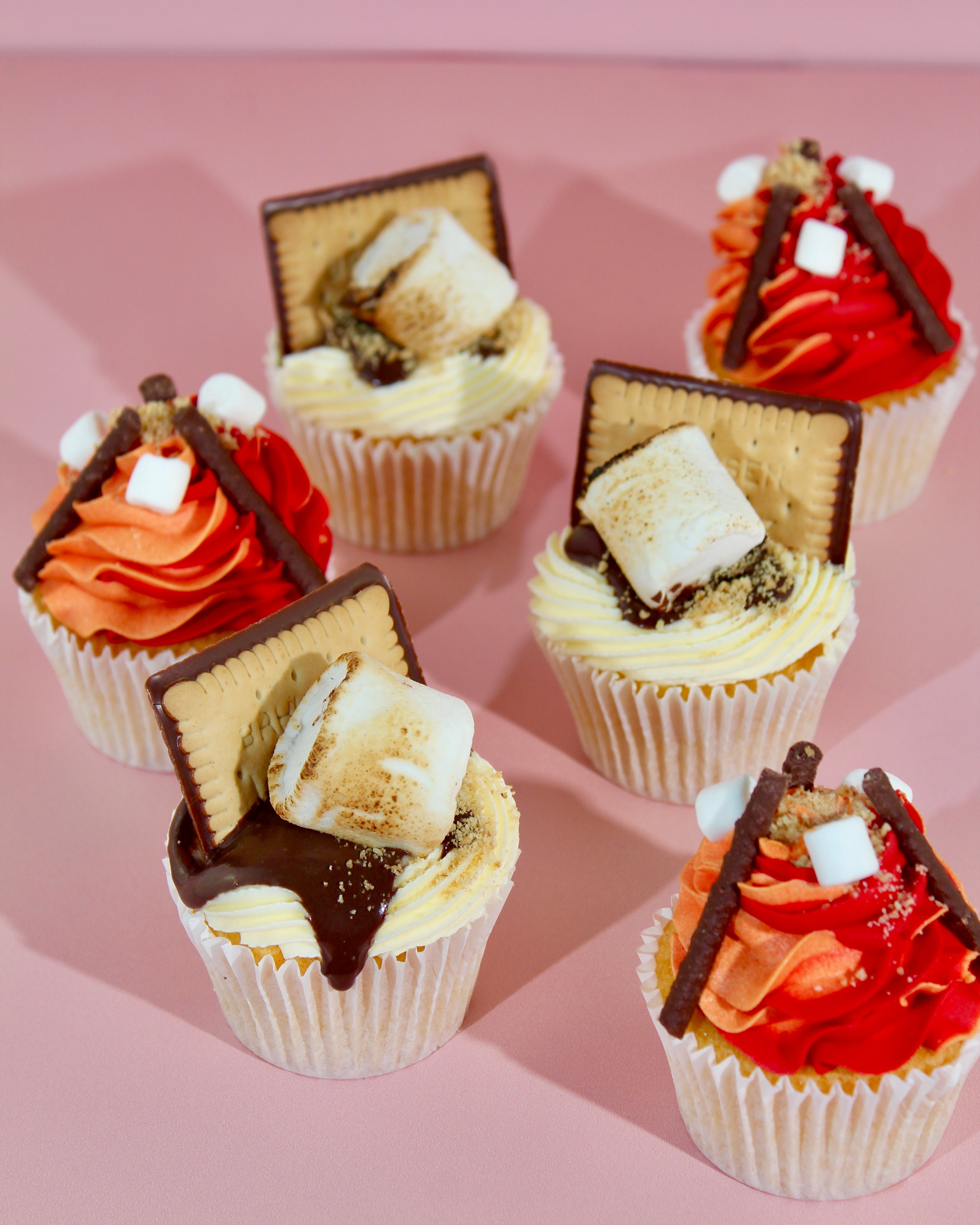 Six cupcakes displayed together for a fireworks party