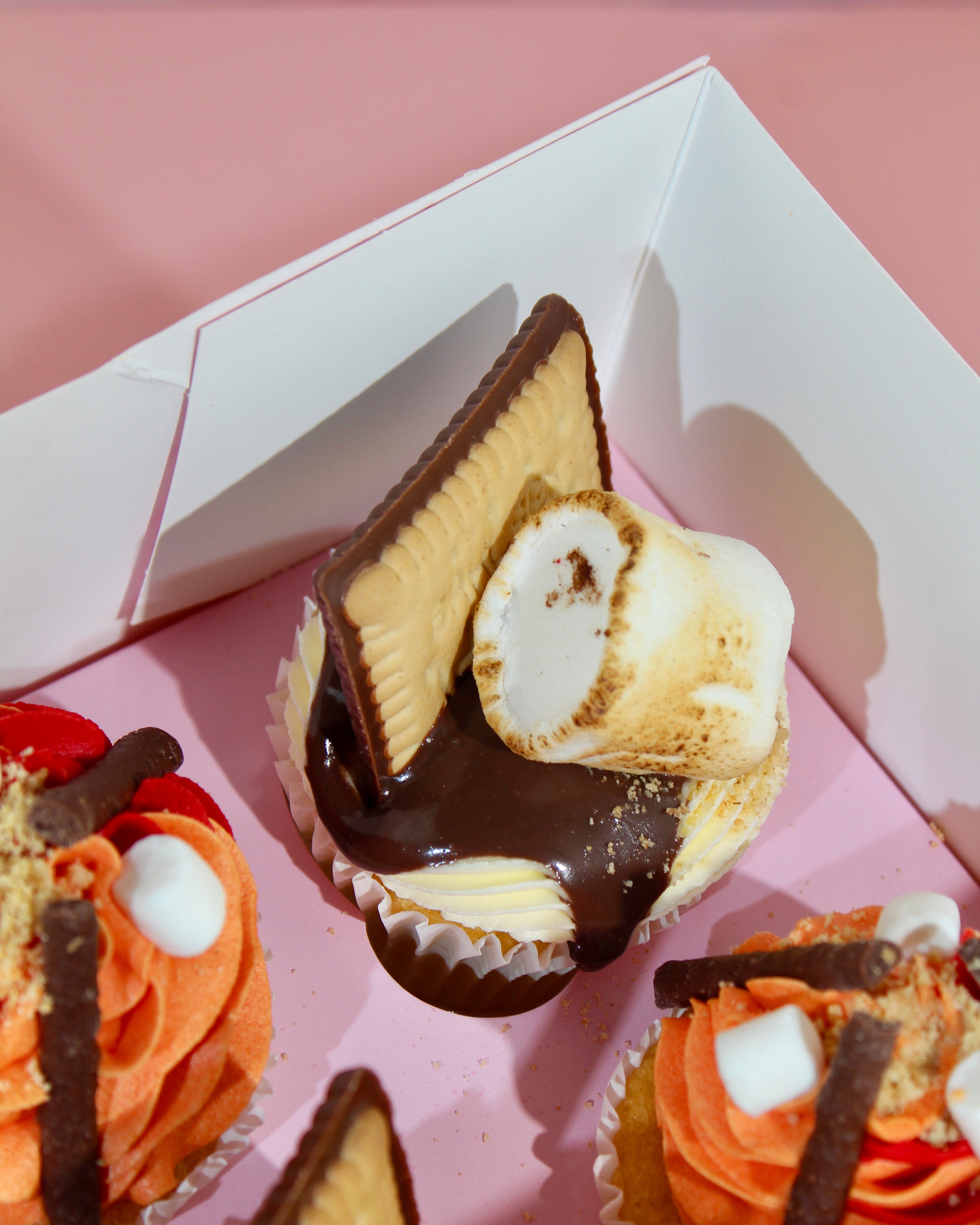 Close-up of s'mores Bonfire Night cupcake with toasted marshmallow, chocolate drip and chocolate digestive biscuit on vanilla buttercream