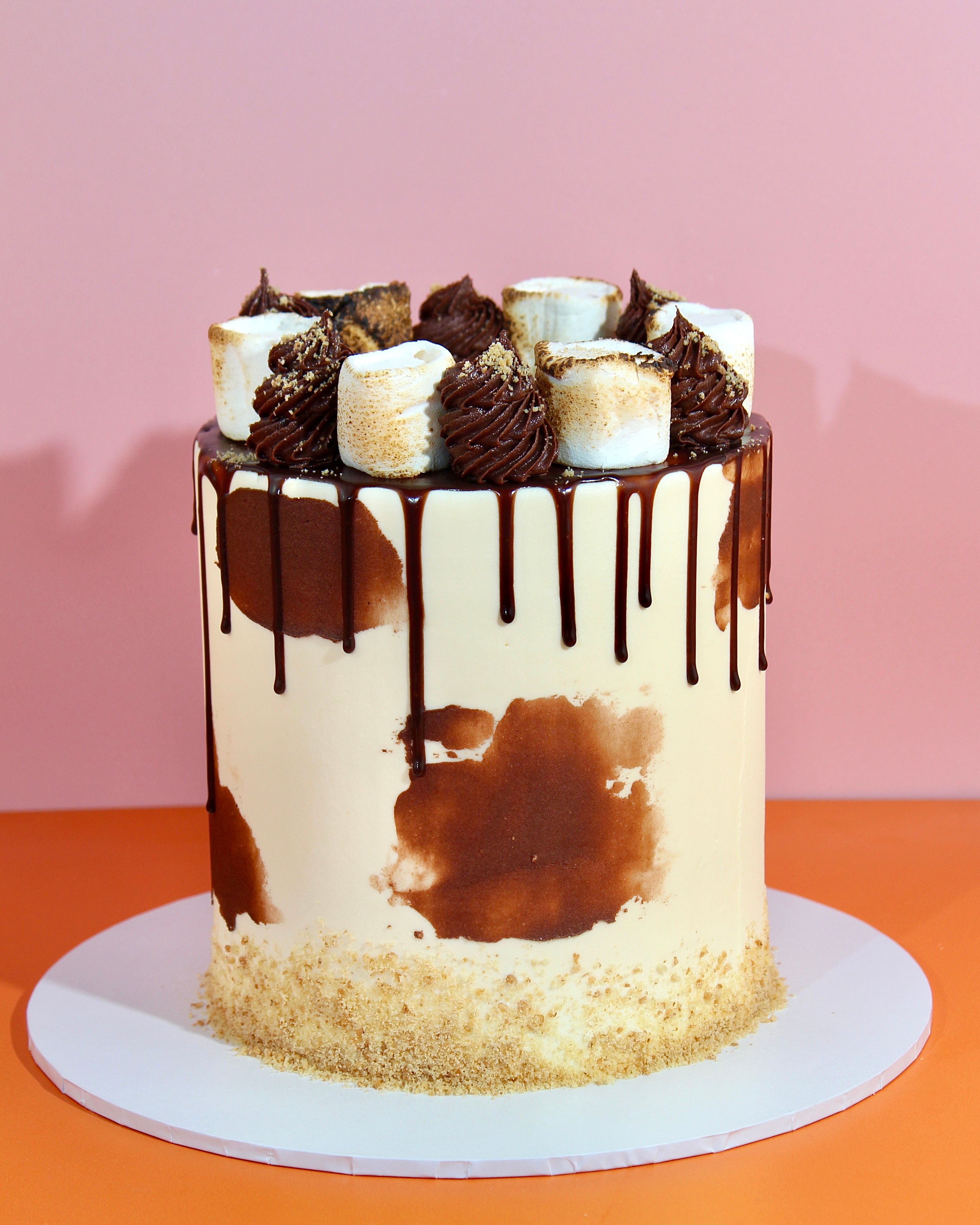 Tall s'mores cake with chocolate watercolour sides, biscuit crumb border and toasted marshmallow crown with chocolate drip