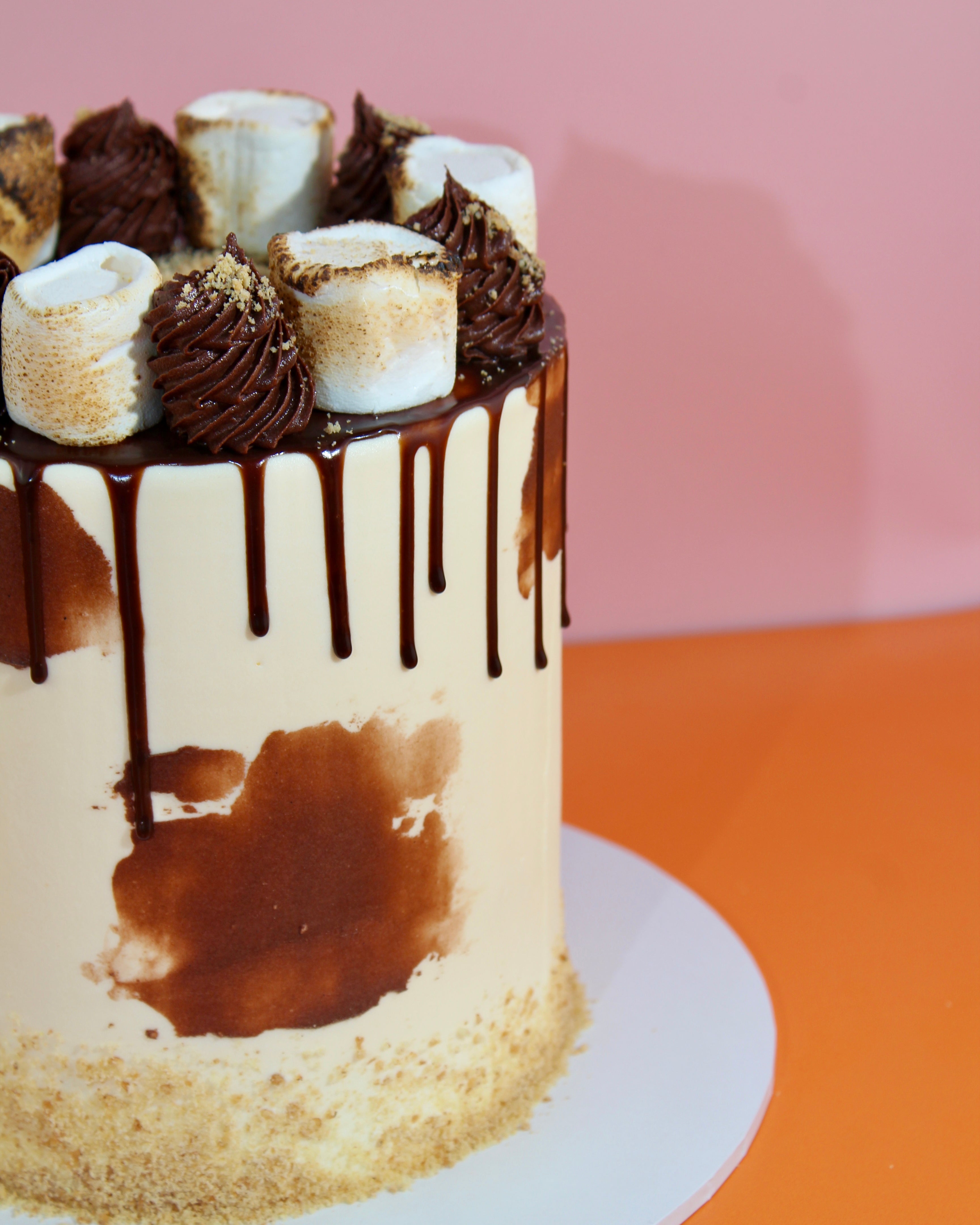 Three quarter view of S'mores Cake showing full height with biscuit crumb base border and dramatic chocolate drip