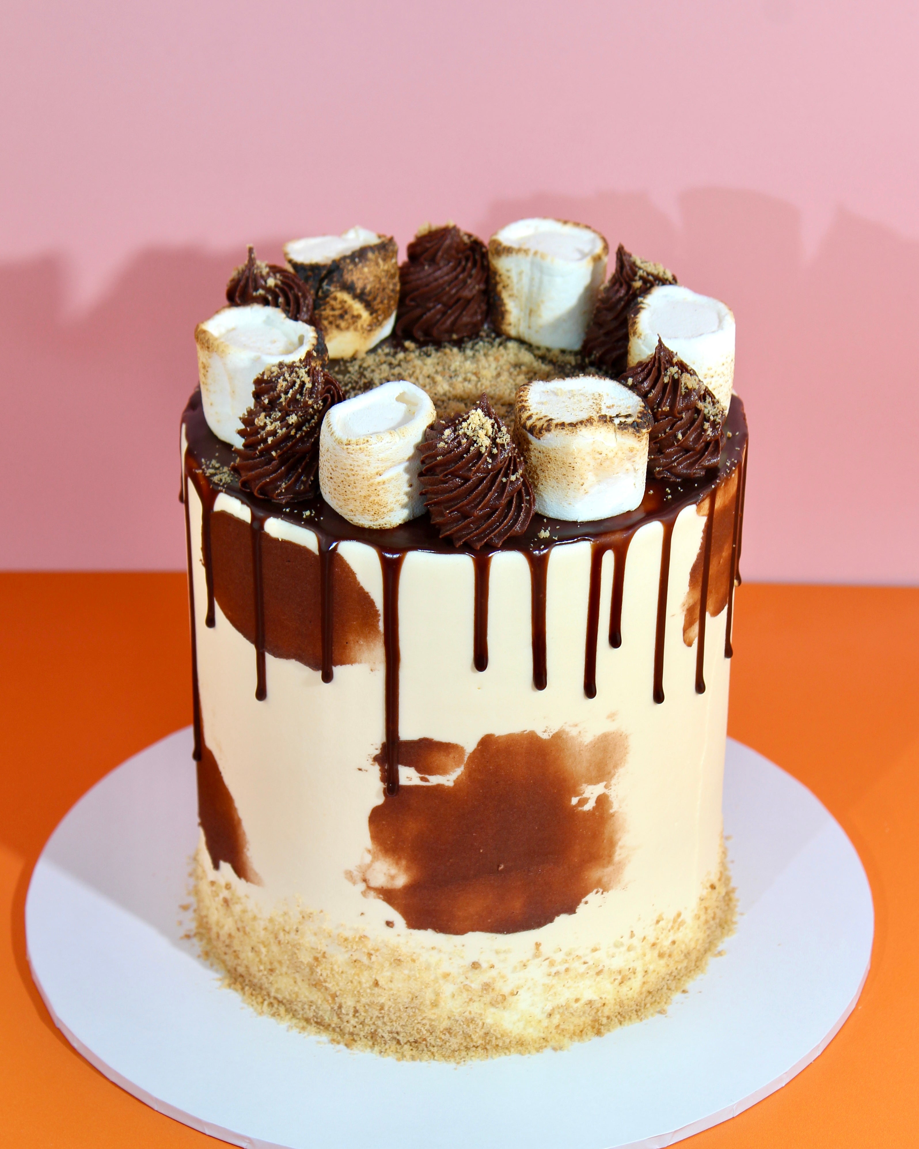 Side view of s'mores cake showing chocolate watercolour blotches on cream buttercream with chocolate drip