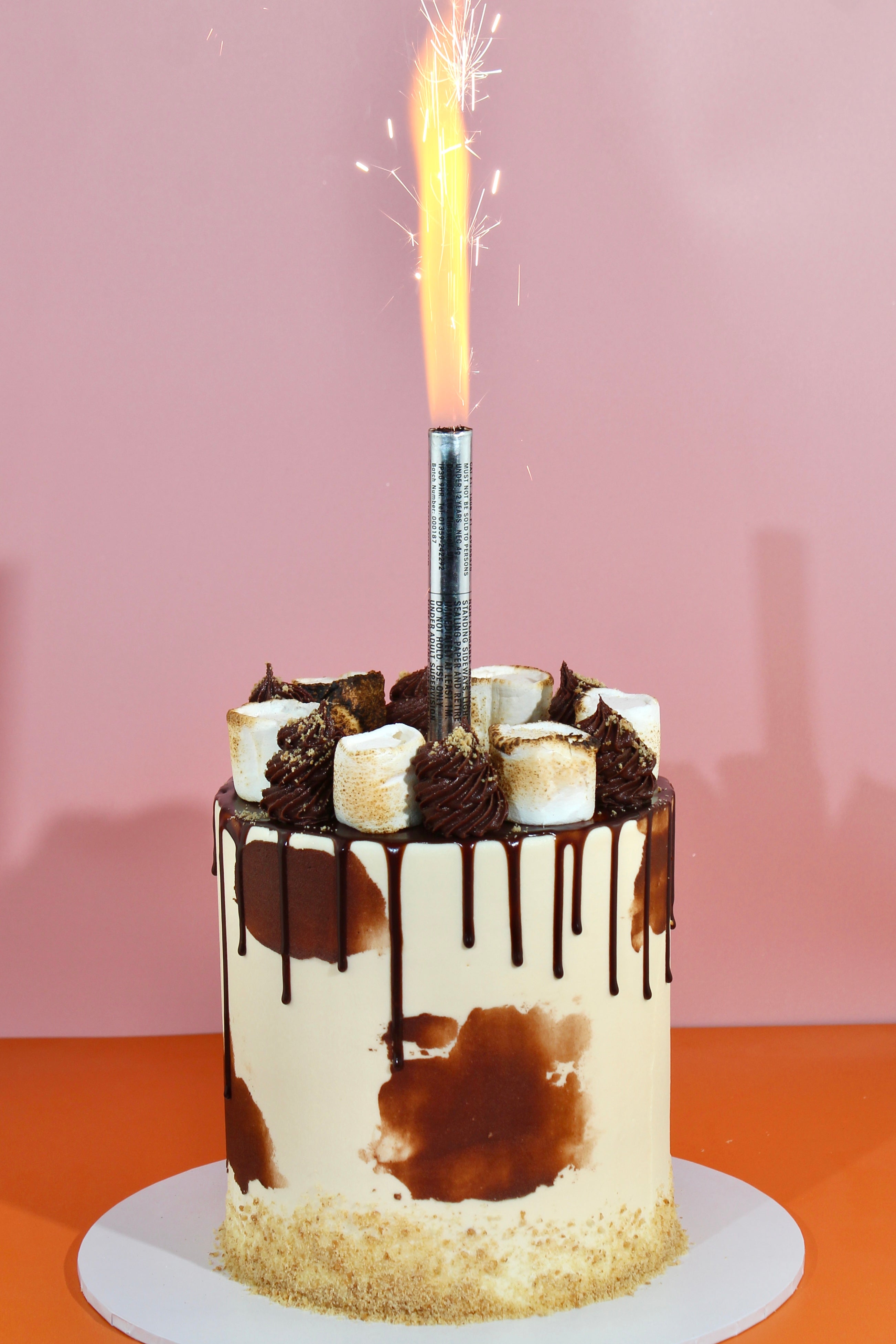 S'mores celebration cake with sparkler candle showing toasted marshmallow crown and chocolate watercolour sides