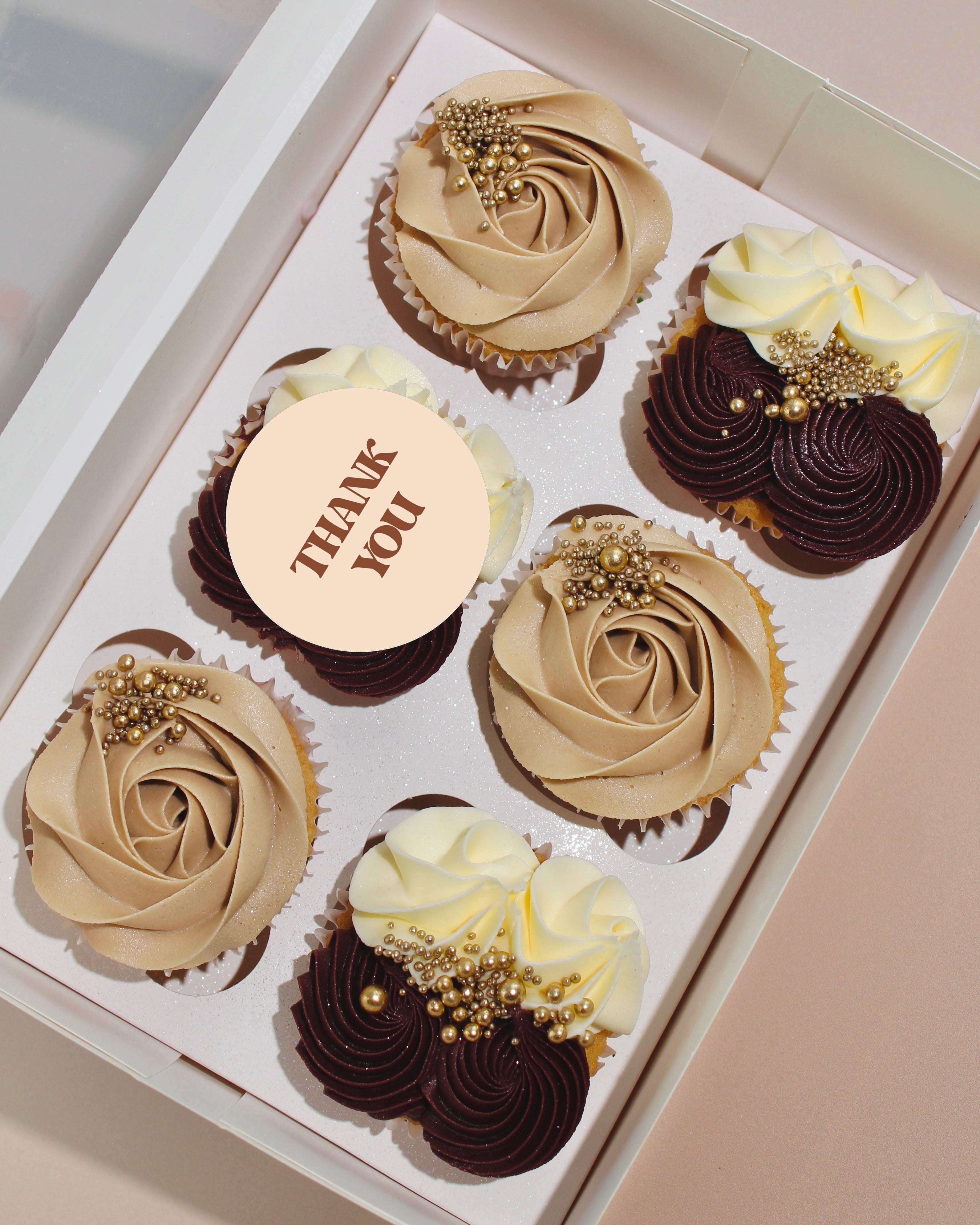 Thank You Cupcakes with elegant buttercream piping and personalised edible topper, available for collection in St Albans and delivery across London, Hertfordshire, Middlesex and Buckinghamshire.