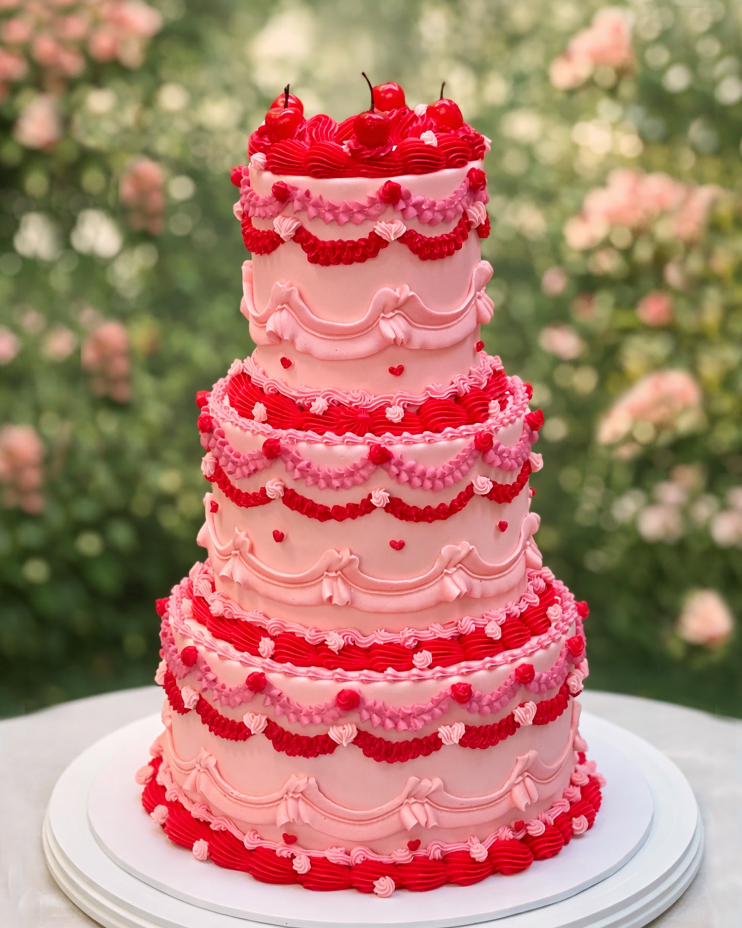 Pink and red tiered wedding cake with ornate piping and cherry decoration