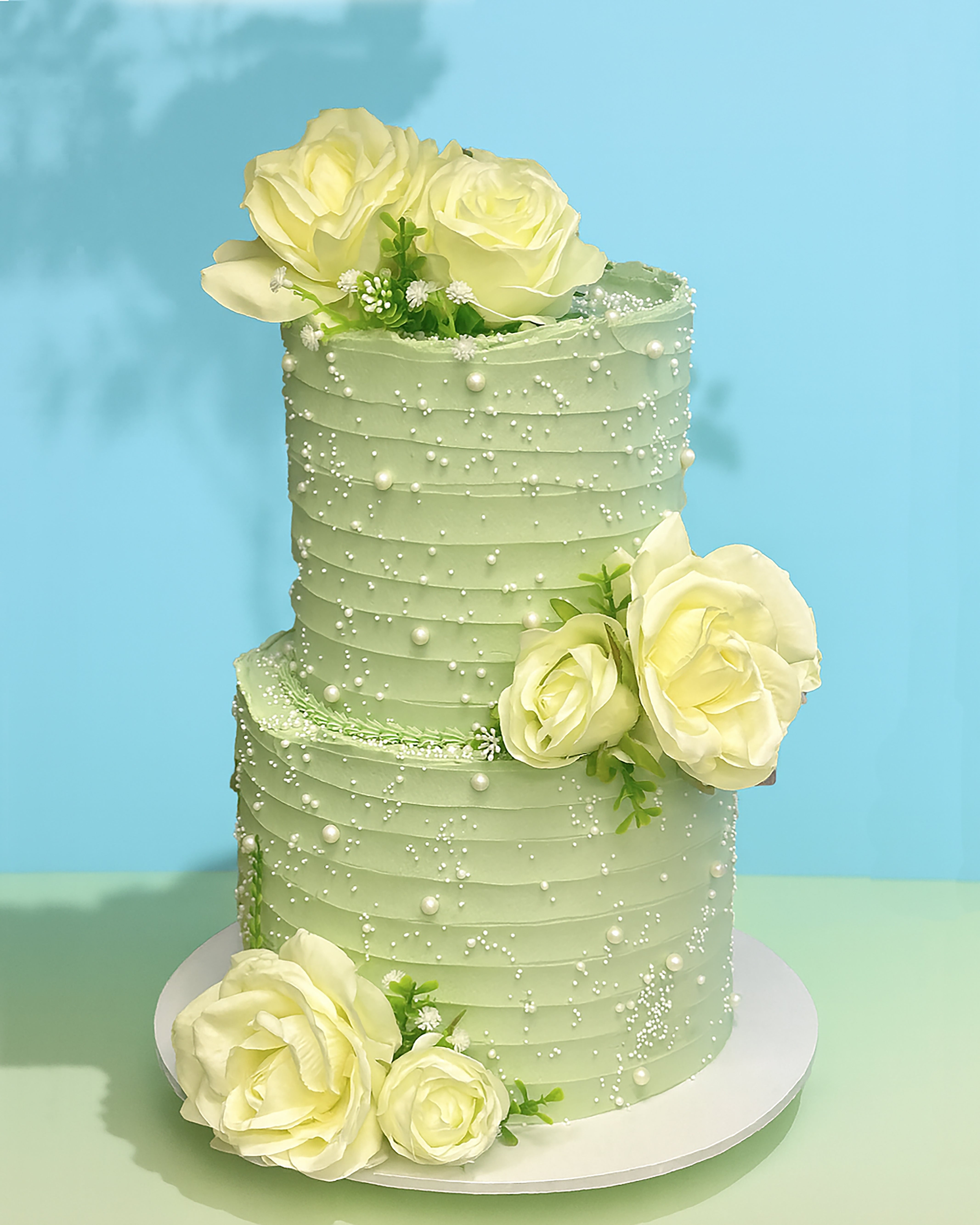 Sage Wedding Cake | Elegant Green Wedding Cake with Pearls & Roses